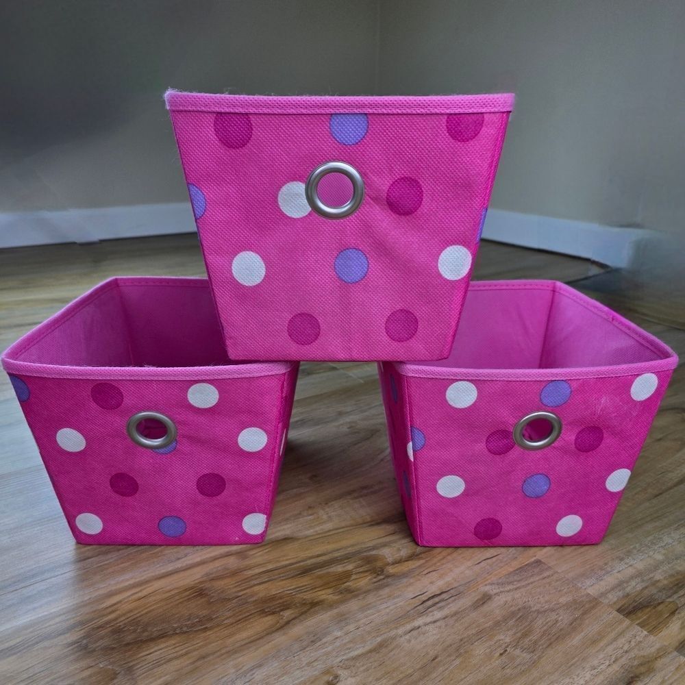 💜Pink Polka Dot Canvas Bins Set Of 3
